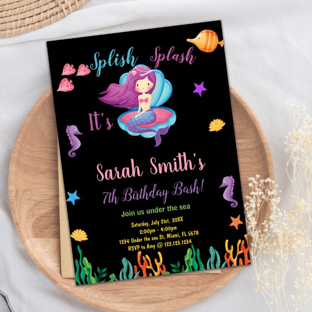 Convites de Aniversário para Sereia Roxa Negra (Black Purple Shell Mermaid Birthday Invitations)