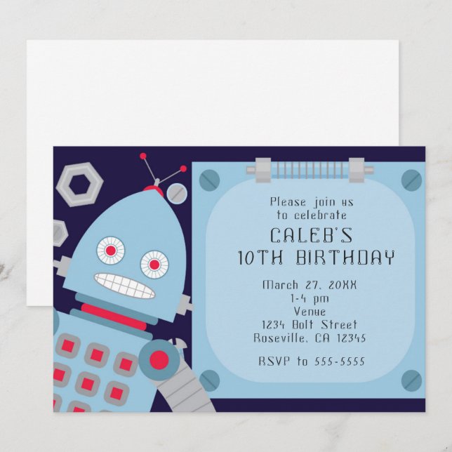 Convites de Aniversário Personalizados Robô Azul p (Frente/Verso)