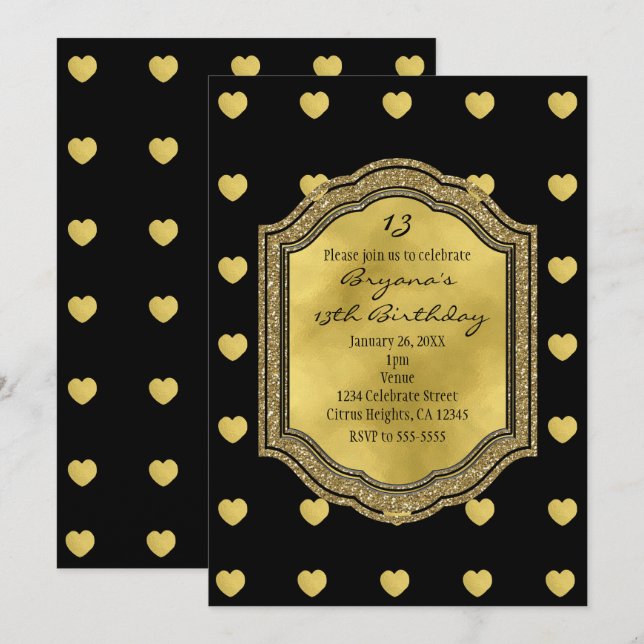 Convites de Aniversário Preto com Corações Dourado (Frente/Verso)