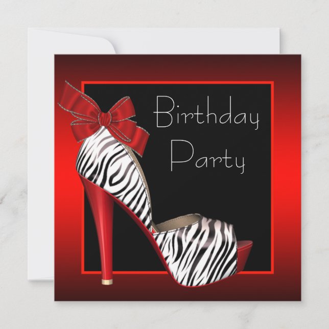 Convites de Aniversário Preto Vermelho Zebra (Frente)
