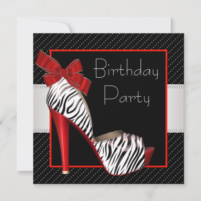 Convites de Aniversário Preto Vermelho Zebra (Frente)