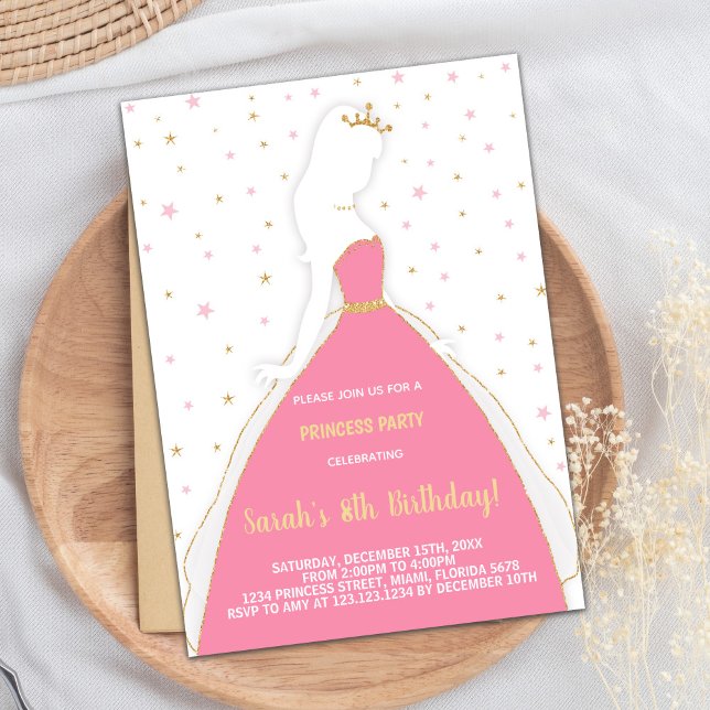 Convites de Aniversário Princesa Rosa Brilho (Glitter Pink Princess Birthday Invitations)