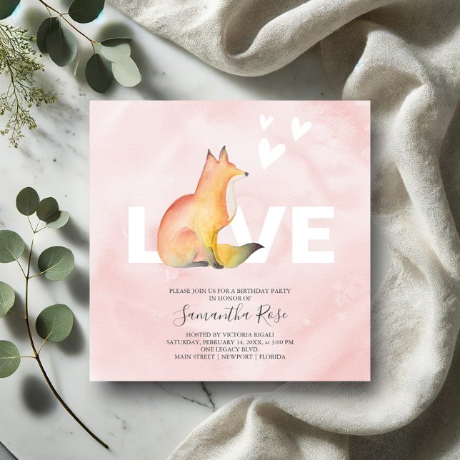 Convites de Aniversário Raposa Florestal Rosa Fofo (Birthday party invitations watercolor fox art by Victoria Grigaliunas of Do Tell A Belle)