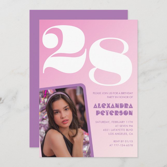 Convites de aniversário rosa 28 anos Foto retroati (Frente/Verso)