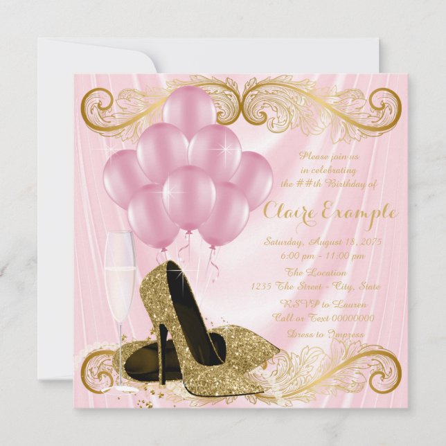Convites de Aniversário Rosa Dourado para Mulheres (Frente)