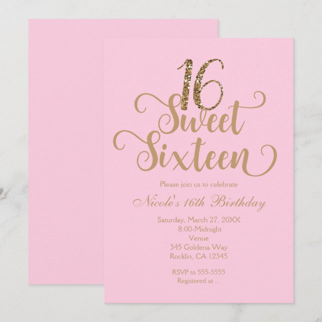 Convites de Aniversário Rosa & Dourado Sweet 16 (Frente/Verso)