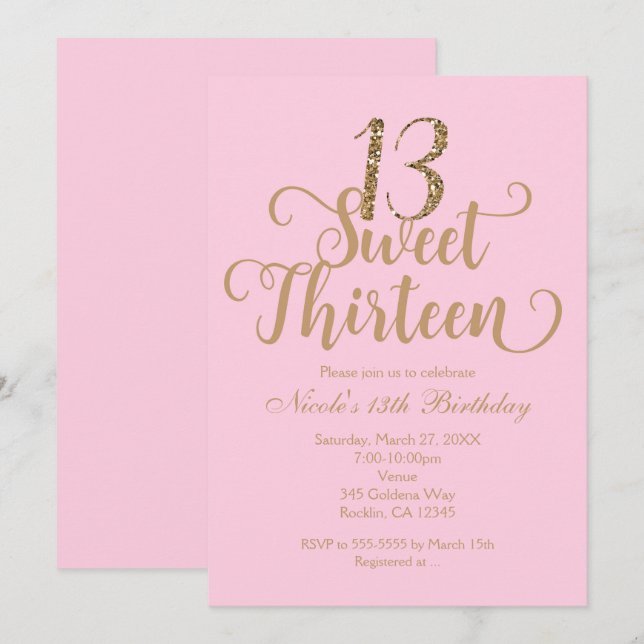 Convites de Aniversário Rosa e Dourado Sweet 13 (Frente/Verso)