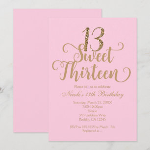 Convites de Aniversário Rosa e Dourado Sweet 13