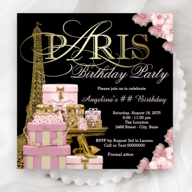 Convites de Aniversário Rosa Paris (Beautiful Paris any number birthday party and event invitations. Simply add your event details.)