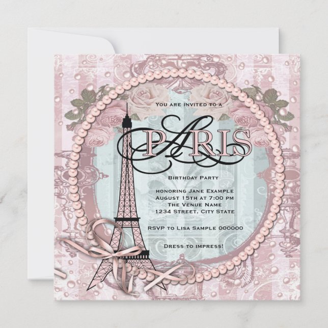 Convites de Aniversário Rosa Vintage Paris (Frente)