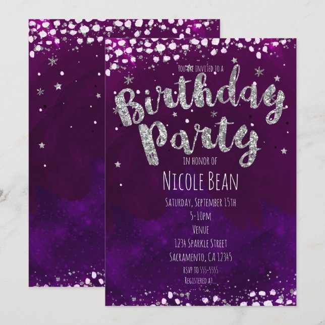 Convites de Aniversário Roxo e Prata com Estrelas (Frente/Verso)