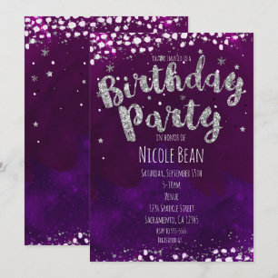 Convites de Aniversário Roxo e Prata com Estrelas
