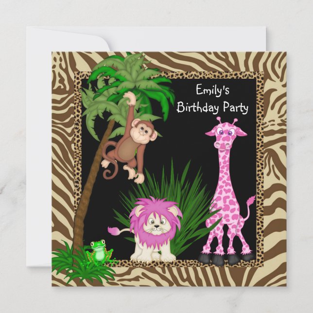 Convites de Aniversário Safari Jungle para Meninas (Frente)