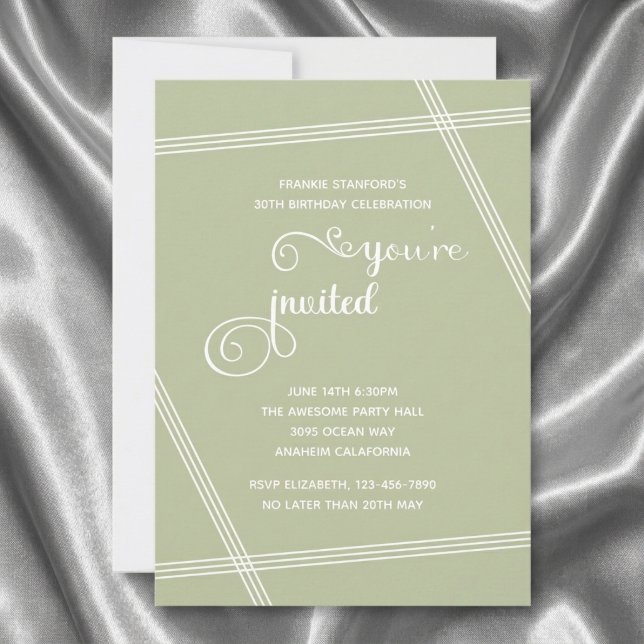 Convites de Aniversário Simples e Elegantes Modern (Sage Green 30th birthday invitation. Grey silk background.)