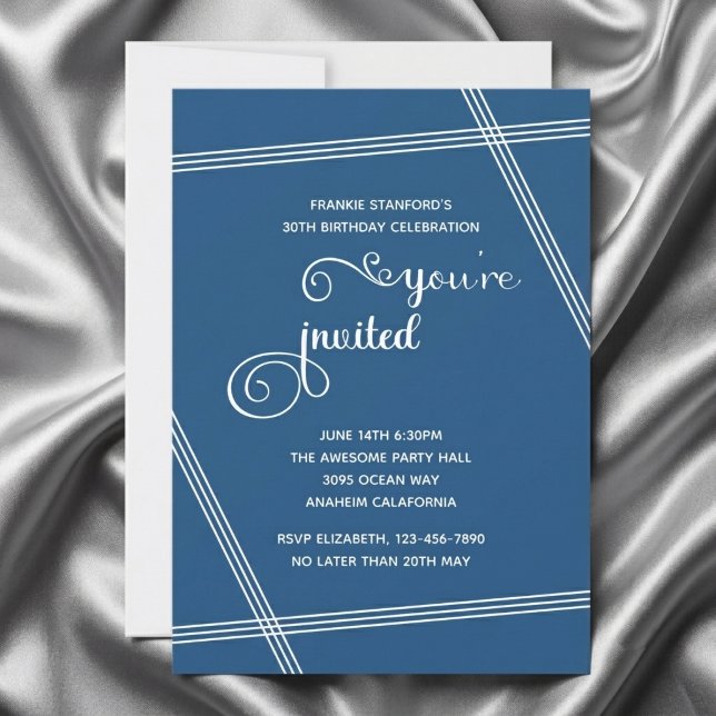 Convites de Aniversário Simples e Elegantes Modern (Blue 30th birthday invitation. Grey silk background.)