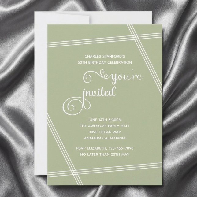 Convites de Aniversário Simples e Elegantes Modern (Sage green birthday invitation on grey silk background.)