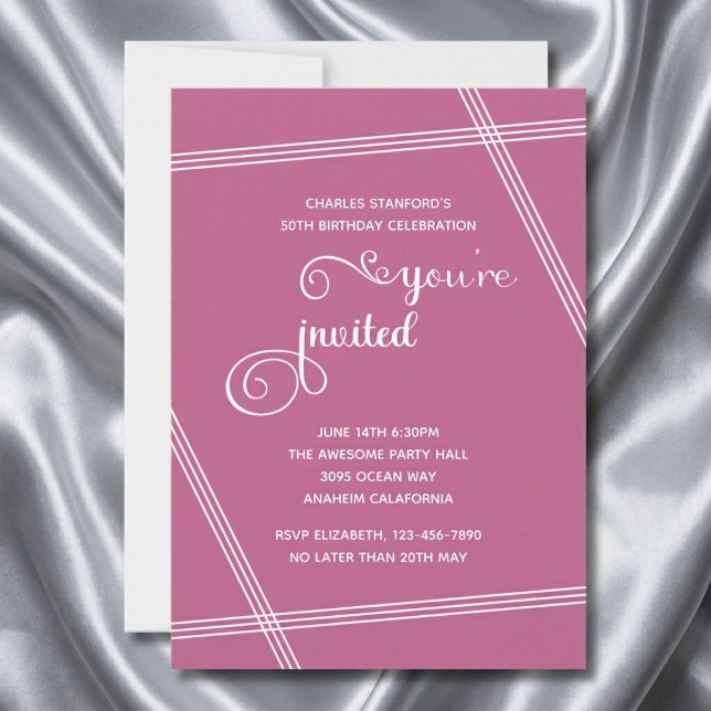 Convites de Aniversário Simples e Elegantes Modern (Pink 50th birthday invitation on grey silk background.)