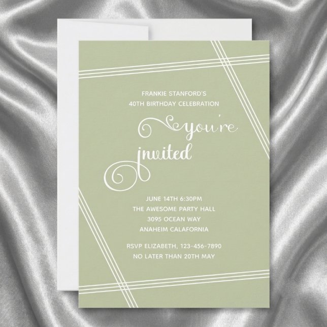 Convites de Aniversário Simples e Elegantes Modern (40th birthday sage green invite. Grey silk background.)