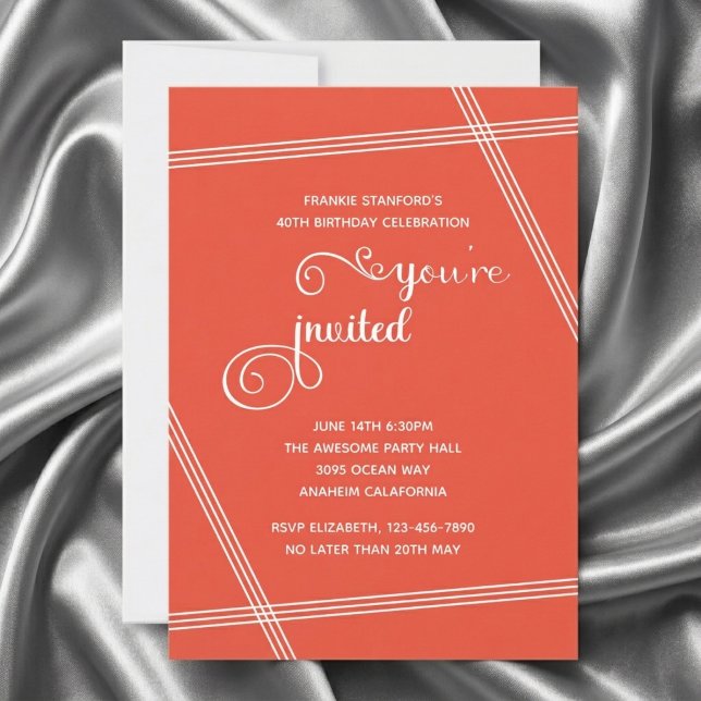 Convites de Aniversário Simples e Elegantes Modern (Orange 40th Birthday invite. Grey silk background.)