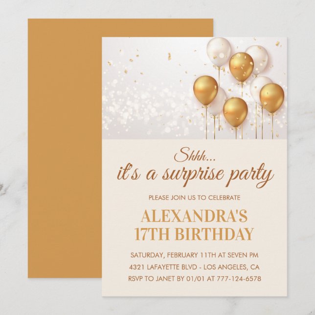 Convites de aniversário surpresa de 17 anos Dourad (Frente/Verso)