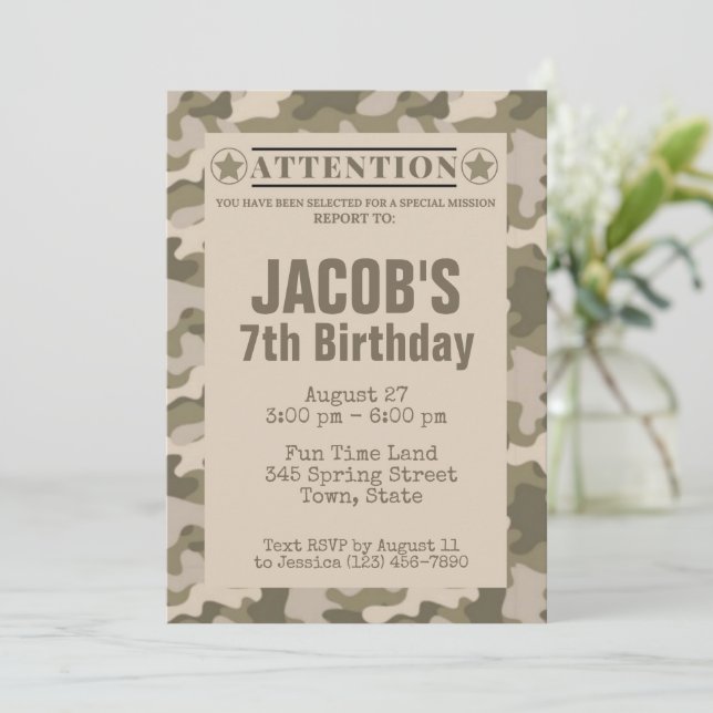 Convites de Aniversário Temáticos Camuflagem Milit (Em pé/Frente)