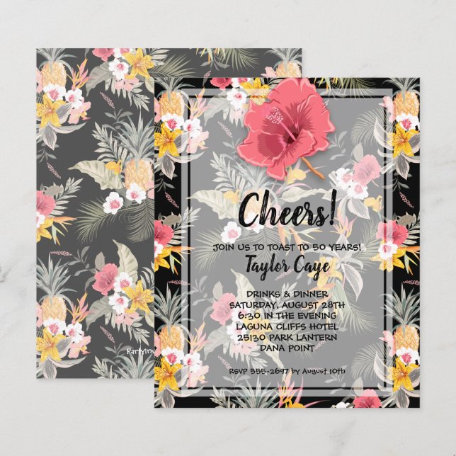 Convites de Aniversário Tropicais de Abacaxi Econô (Frente/Verso)