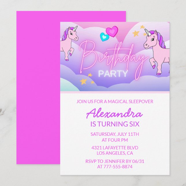 Convites de Aniversário Unicórnio Arco-Íris 6º Ros (Frente/Verso)