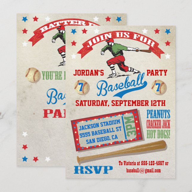 Convites de aniversário Vintage Baseball (Frente/Verso)