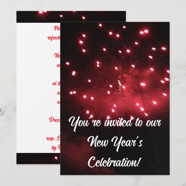 Convites de Ano Novo com Fogos de Artifício Vermel (Frente/Verso)