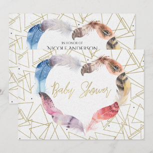 Convites de Baby Shower Coração de Pena Boho Chic