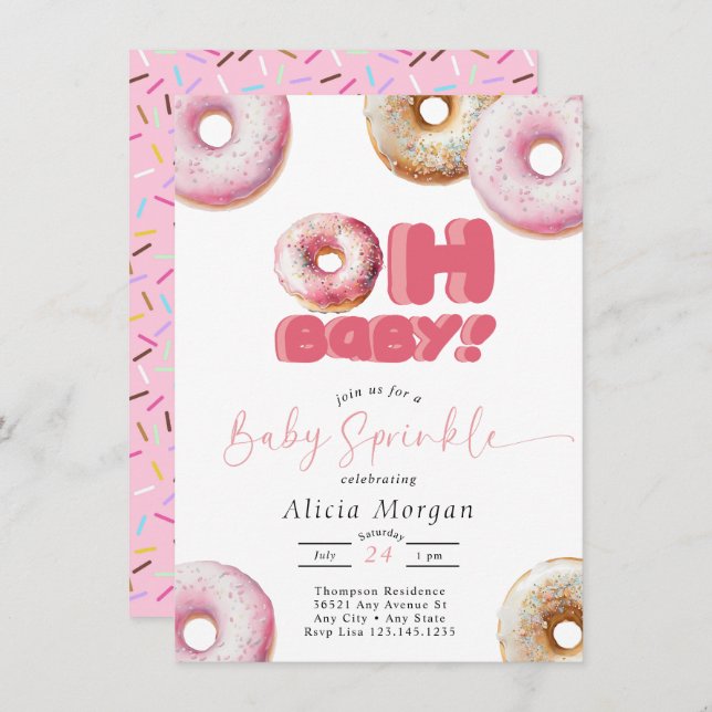 Convites de Baby Sprinkle | Donut | Pink Sprinkle (Frente/Verso)