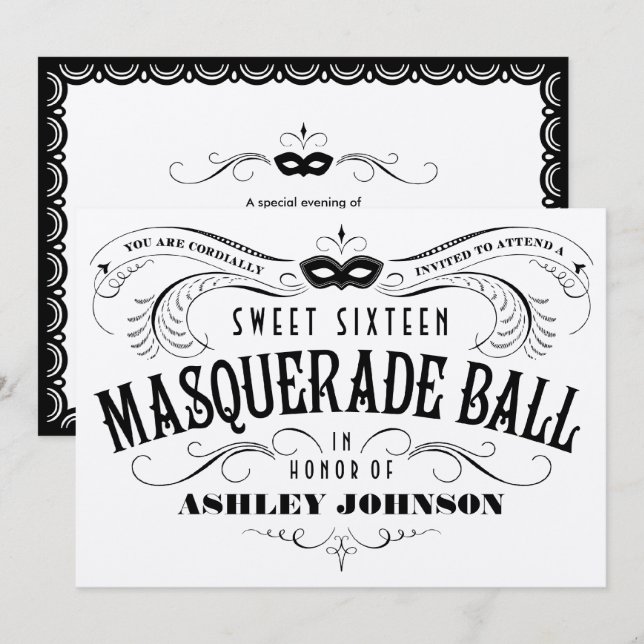 Convites de Baile de Máscaras Sweet 16 Prata Brilh (Frente/Verso)