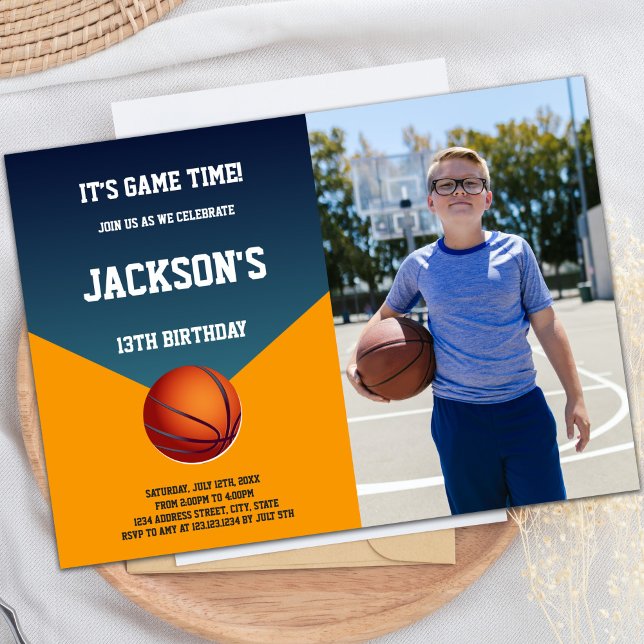 Convites de Basquete Verde e Laranja com Foto (Green Orange Basketball Invitations with photo)