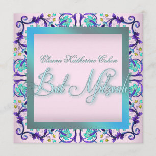 Convites de Bat Mitzvah Azul Turquesa Rosa