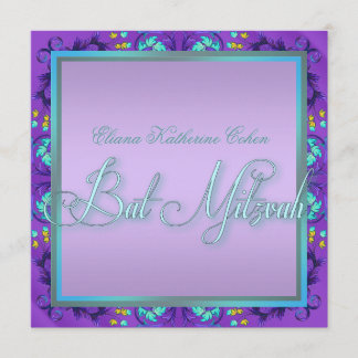 Convites de Bat Mitzvah Azul Turquesa Roxo Morcego