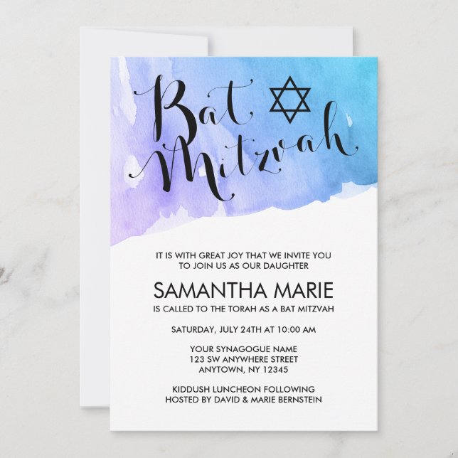 Convites de Bat Mitzvah com Aquarela Azul Turquesa (Frente)