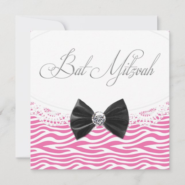 Convites de Bat Mitzvah da Zebra Rosa (Frente)