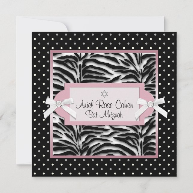 Convites de Bat Mitzvah de Listras Rosa com Bolinh (Frente)