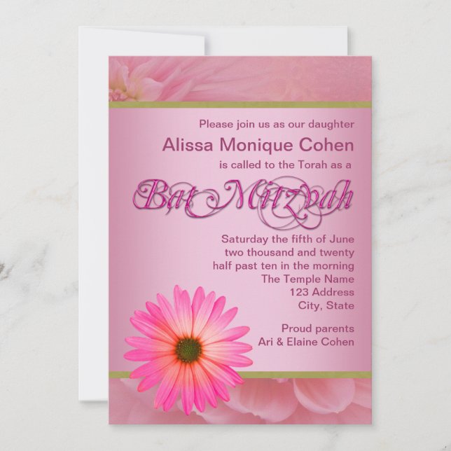 Convites de Bat Mitzvah Pink Daisy (Frente)