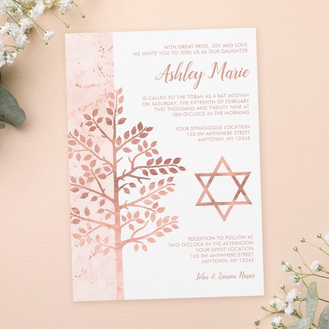 Convites de Bat Mitzvah Rose Gold Árvore da Vida (Criador carregado)