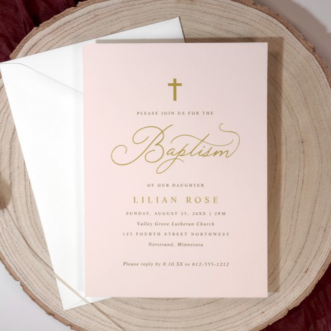 Convites de Batismo com Cruz - Menina Rosa (Light pink girl’s baptism invitation with gold script and cross—elegant and personalized.)