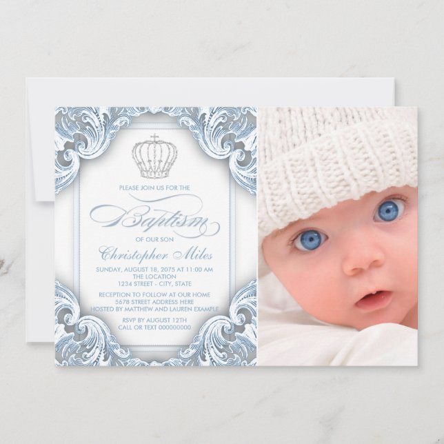 Convites de Batismo Coroa Príncipe Baby Blue (Frente)
