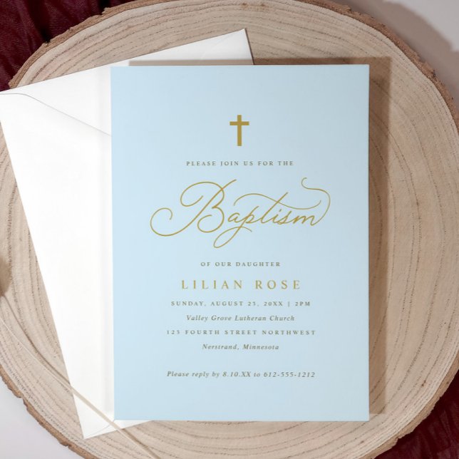 Convites de Batismo Elegantes Cruz Azul Menino (Light blue boy’s baptism invitation with gold script and cross—classic and customizable.)