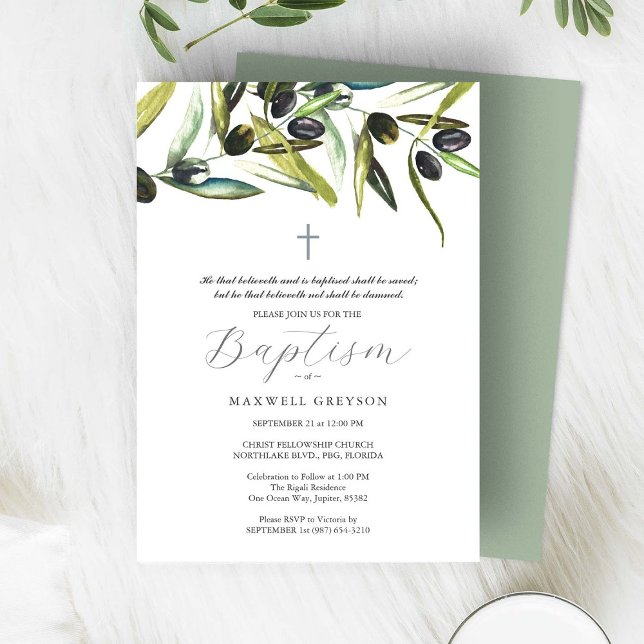 Convites de Batismo Religiosos Ramo de Oliveira  (Baptism invitations feature watercolor olive branches by Victoria Grigaliunas of Do Tell A Belle)