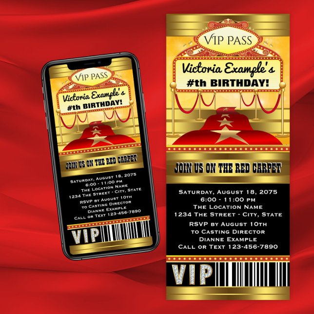 Convites de Bilhete de Festa de Aniversário de Hol (Red carpet birthday party invitation. Any birthday and red carpet event ticket style invitation.)
