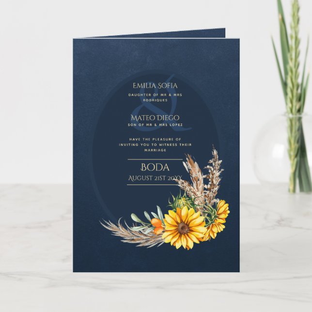 Convites de BODA em espanhol 4pg Girassóis Azul-Na (Frente)