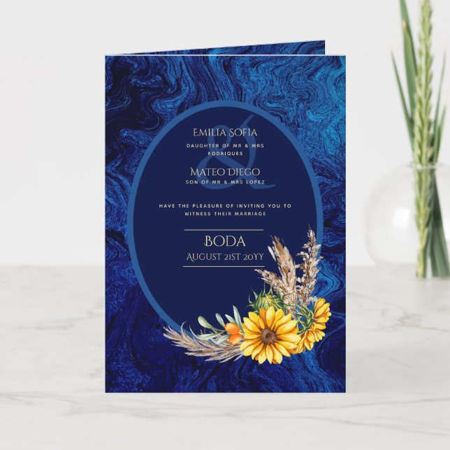 Convites de BODA em espanhol 4pg Girassóis Azul Re (Frente)