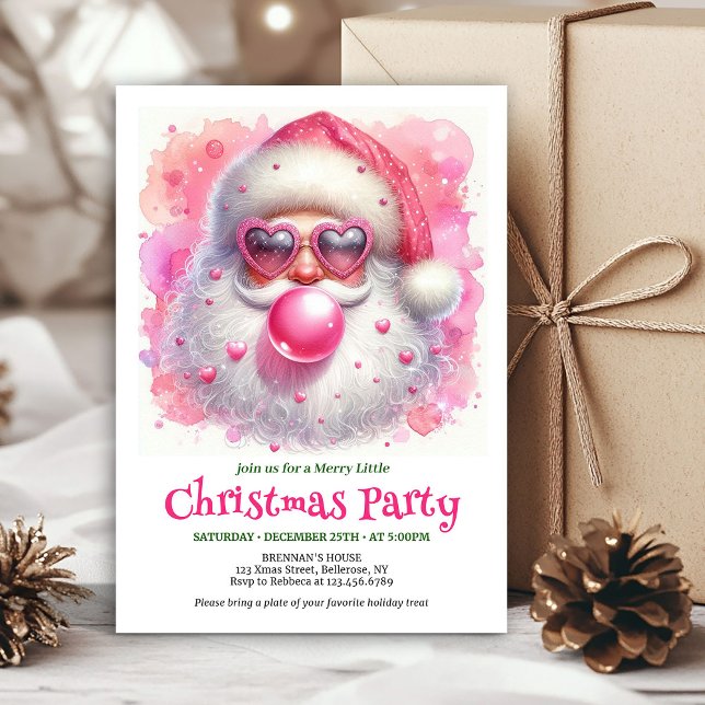 Convites de Borracha Rosa Água Natalícia Editáveis (Editable Watercolor Pink Santa Bubble Gum Invitation

)