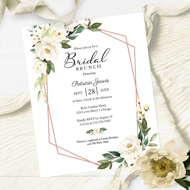 Convites de Brunch de Noiva Floral Branco Geométri (Criador carregado)