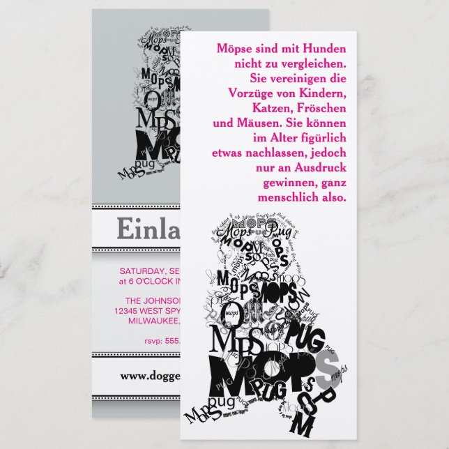 Convites de Cachorro Pug (Frente/Verso)